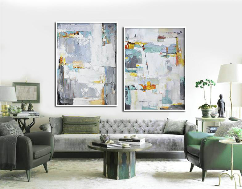 Extra Large Textured Painting On Canvas,Set Of 2 Contemporary Art On Canvas,Huge Abstract Canvas Art,White,Grey,Yellow.Etc
